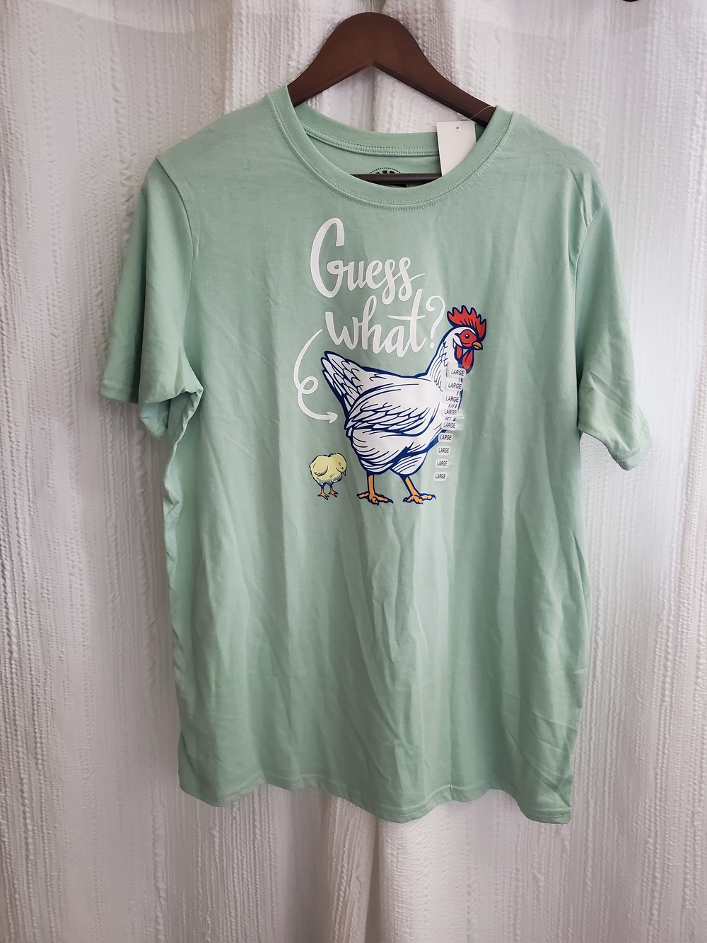 Women's Mint Green Graphic Tee - 'Guess What' Chicken Design Size Large